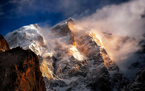 nature, landscape, mountains, wind, snowy peak, clouds, sunlight, summit, HD wallpaper HD wallpaper