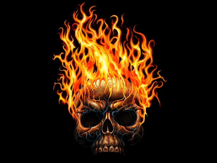 炎の人間の頭蓋骨の壁紙、暗い、頭蓋骨、火、炎、 HDデスクトップの壁紙