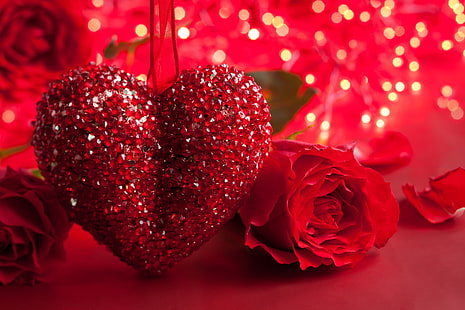 red heart ornament and rose flower decor, st valentine day, rose, heart, romance, love, HD wallpaper HD wallpaper