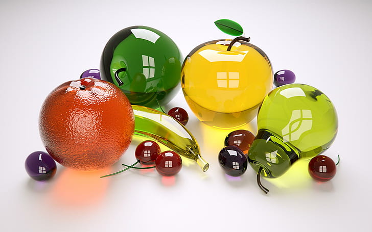 유리 과일, 배, 바나나, 체리, 사과, 오렌지, 유리, 과일, 3D 및 초록, HD 배경 화면
