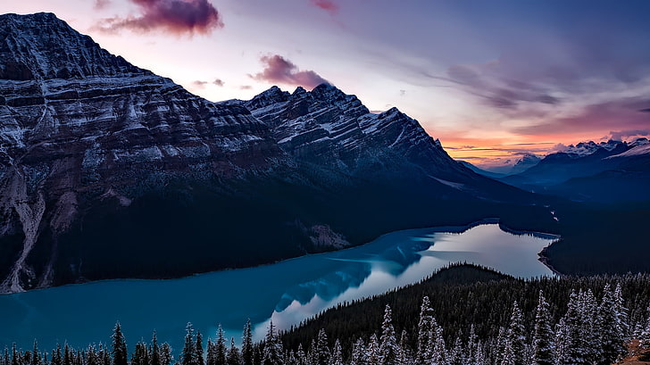 forêt, neige, coucher de soleil, montagnes, lac, le soir, Canada, parc national Banff, Banff, Peyto, lac Peyto, Fond d'écran HD