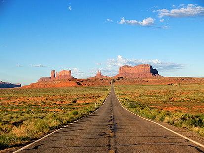 asphalt road in middle of grass field under blue sky, monument Valley, monument Valley Tribal Park, uSA, utah, desert, arizona, butte - Rocky Outcrop, mesa, navajo, southwest USA, wild West, mesa - Arizona, landscape, nature, north American Tribal Culture, scenics, outdoors, travel, sandstone, no People, colorado Plateau, west - Direction, famous Place, rock - Object, national Park, public Land, road, HD wallpaper HD wallpaper