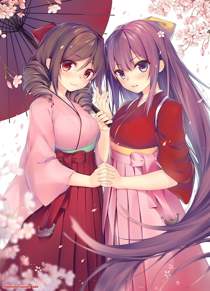 anime girls, kimono, umbrella, cherry blossom, Harukaze (KanColle), Kamikaze (KanColle), Kantai Collection, HD wallpaper