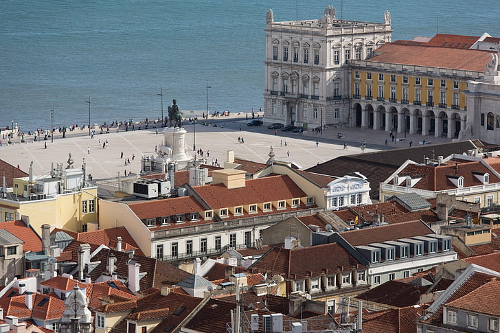 都市、リスボン、都市、ハウス、記念碑、ポルトガル、コメルシオ広場、岸壁、屋上、広場、ホセ1世の像、テージョ川、テージョ川、 HDデスクトップの壁紙
