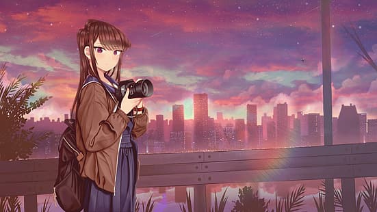Komi-san wa, Comyushou desu., Aparat fotograficzny, na zewnątrz, torba, zachód słońca, most, pejzaż miejski, Tapety HD HD wallpaper