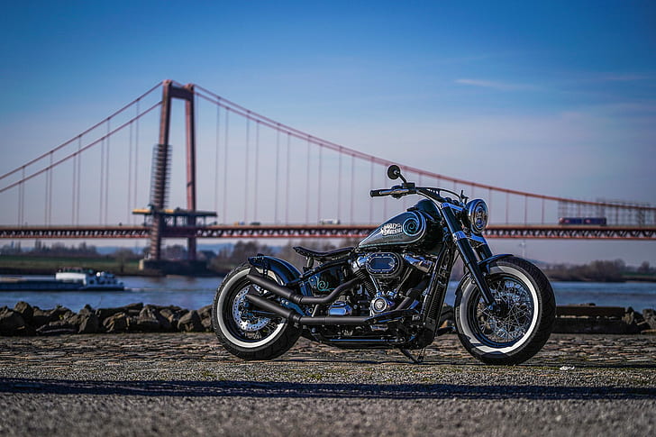 Harley Davidson, Harley-Davidson, motocicleta, bicicleta pesada, modificada, personalizada, puente, cromo, Fondo de pantalla HD