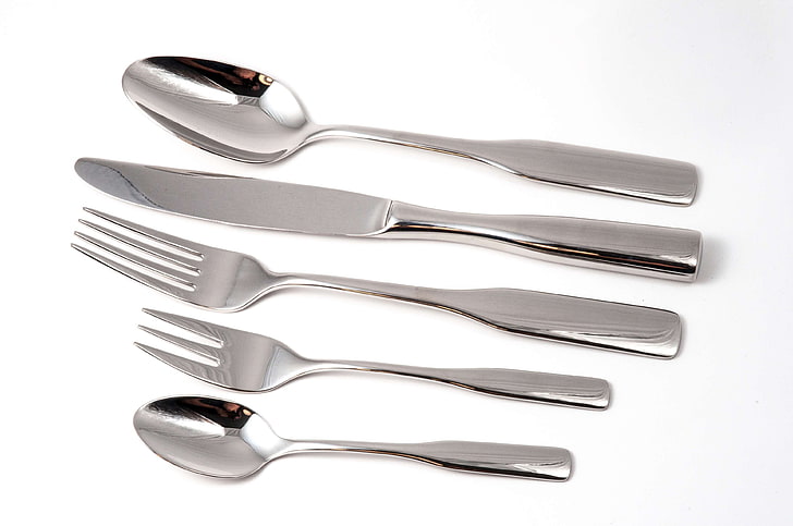 cutlery, flatware, fork, knife, shiny, silverware, spoon, stainless steel, tableware, utensil, HD wallpaper