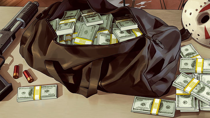حقيبة من القماش الخشن الأسود ، خراطيش ، أسلحة ، قناع ، نقود ، دولار ، حقيبة ، Grand Theft Auto V ، Rockstar North ، Rockstar Games، خلفية HD