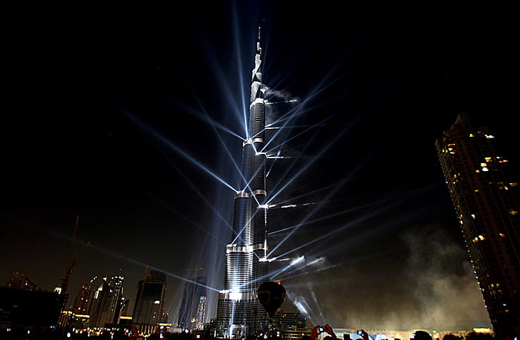 Burj Khalifa, architettura, edificio alto, città, notte, luci, buio, raggi, burj khalifa, architettura, edificio alto, città, notte, luci, buio, raggi, Sfondo HD