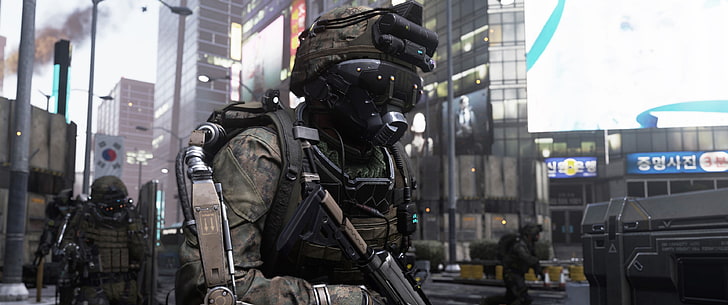 Militärische Tarnuniform für Männer, Kunstwerk, Soldat, Waffe, Militär, Screenshot, Call of Duty: Fortgeschrittene Kriegsführung, Call of Duty, HD-Hintergrundbild