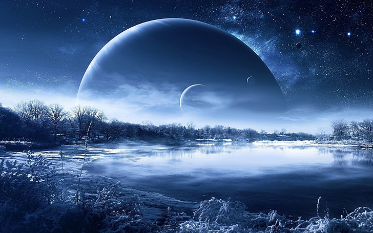 фантастика, озера, пейзаж, природа, ночь, планета, отражение, небо, звезды, зима, HD обои