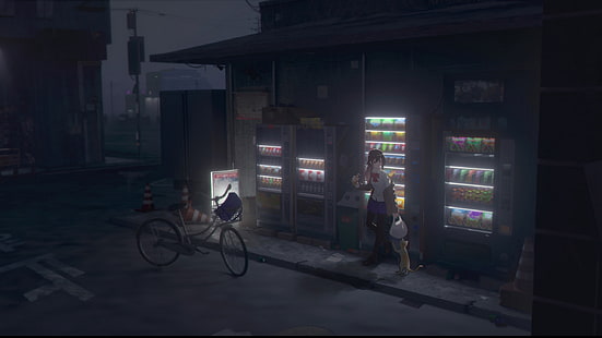 ilustrasi sepeda hitam, sepeda, kucing, mesin penjual otomatis, rok, seragam sekolah, malam, kota, Wallpaper HD HD wallpaper