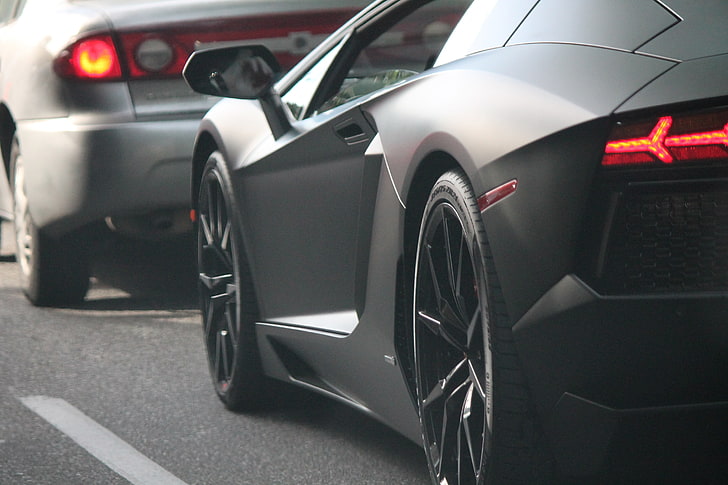 coche deportivo Lamborghini negro mate, lamborghini, luces, rueda, superdeportivo, Fondo de pantalla HD