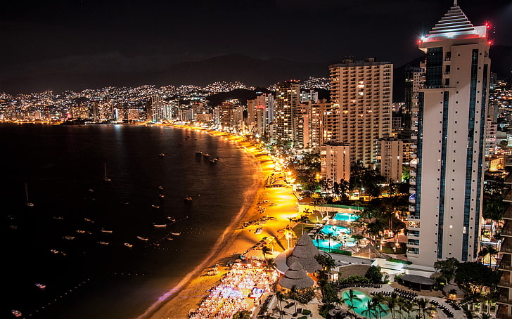 acapulco, pantai, bangunan, kota, pantai, meksiko, malam, Wallpaper HD