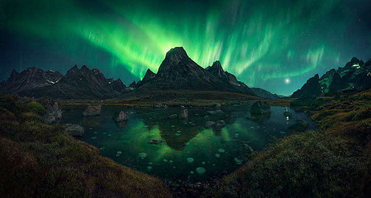 Grönlands aurora, gröna aurora foto, berg, Grönland, bäst, hd, aurora, HD tapet