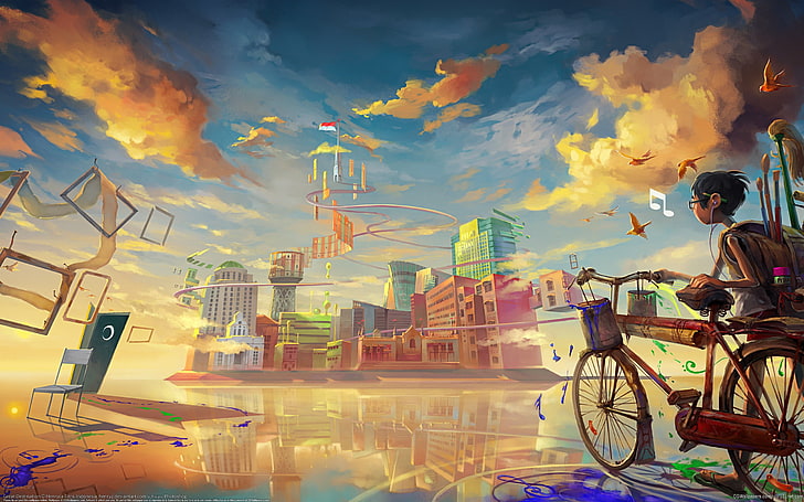 man holding bicycle illustration, digital art, fantasy art, painting, DeviantArt, bicycle, futuristic, clouds, building, city, flag, reflection, chair, surreal, colorful, musical notes, birds, HD wallpaper