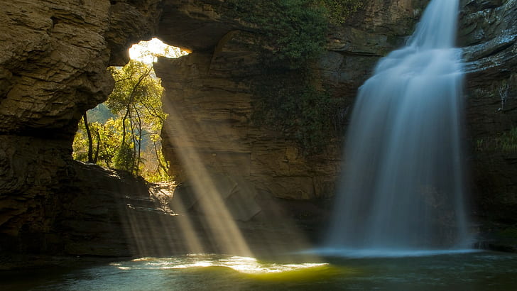 Sunlight Waterfall Cave Timelapse HD, nature, sunlight, timelapse, waterfall, cave, HD wallpaper