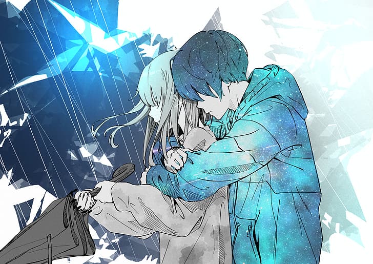 アニメ、アニメの女の子、アニメの男の子、黒髪、雨、傘、抱き締める、長い髪、短い髪、青いジャケット、 HDデスクトップの壁紙