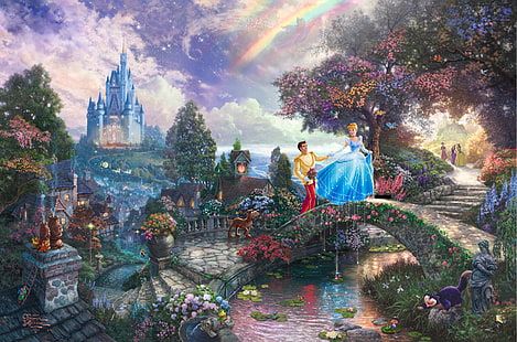 Disney Cinderella clip art, castle, tale, fairy, Prince, painting, the bridge, bridge, art, Thomas Kinkade, Cinderella, Walt Disney, film, Disney, Cinderella Wishes Upon A Dream, animated, HD wallpaper HD wallpaper
