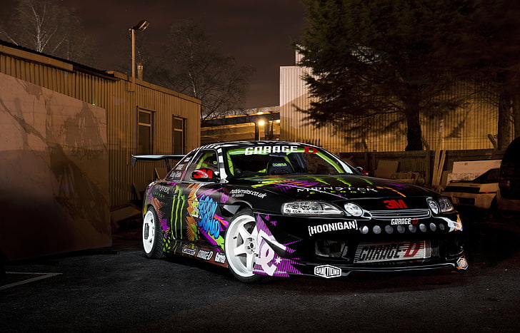 black and purple sports car, night, before, drift, Toyota, Monster Energy, Drift car, Soarer, HD wallpaper