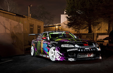 czarno-fioletowy samochód sportowy, noc, przed, drift, Toyota, Monster Energy, samochód do driftu, Soarer, Tapety HD HD wallpaper