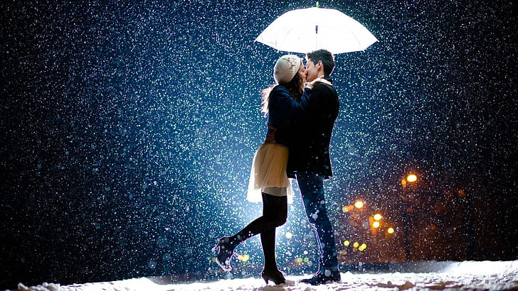 Пара Снежного Дождя Любовь, любовь, пара, дождь, снег, поцелуй, зонт, HD обои
