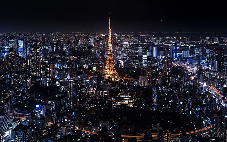 Jepang Tokyo landmark tower night 4K HD, Menara Eiffel, Paris Prancis, Wallpaper HD