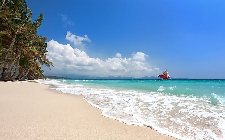 Kokospalmen, tropisch, Segelboote, Strand, Boracay, Insel, Philippinen, Meer, Sommer, Palmen, Weiß, Sand, Wolken, Natur, Landschaft, HD-Hintergrundbild