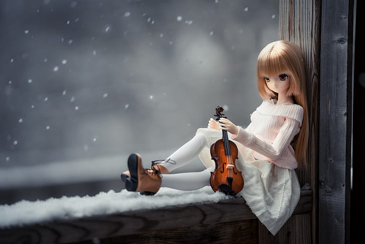 mood, violin, doll, window, HD wallpaper