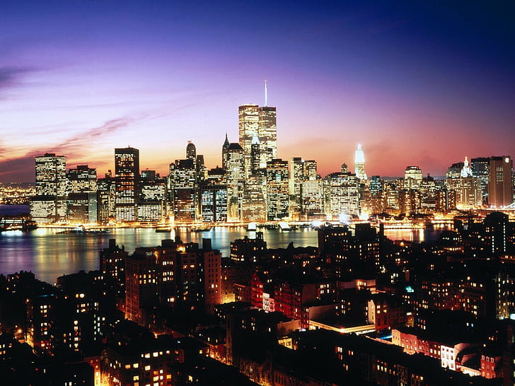 город, Нью-Йорк, Всемирный торговый центр, башни-близнецы, городской пейзаж, небо, ночь, огни, HD обои