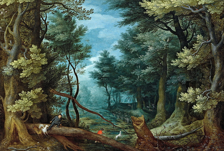 картина, Ян Брейгель старший, Лесной пейзаж с охотой на оленей, HD обои