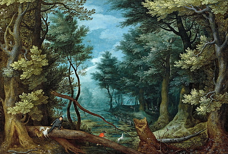 picture, Jan Brueghel the elder, Forest Landscape with Deer Hunting, HD wallpaper HD wallpaper