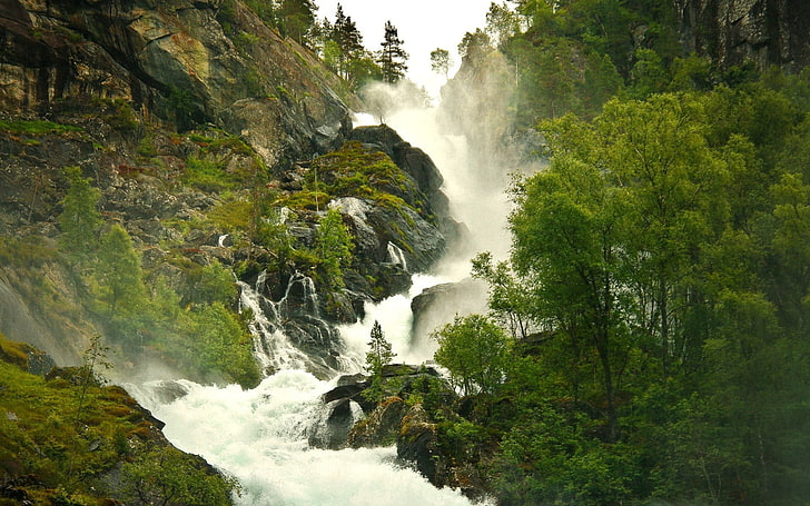 cascading waterfalls, nature, landscape, waterfall, trees, rock, Amazon, HD wallpaper