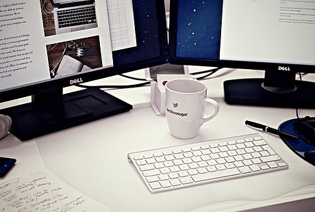 blog, blogger, blogging, cup, dell, desk, desktop, display, keyboard, mug, office, work space, workplace, workspace, HD wallpaper HD wallpaper