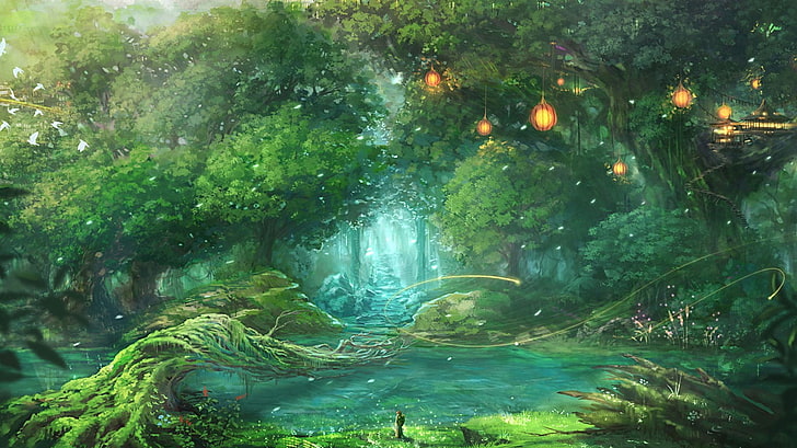 foresta giardino dipinto, foresta, fantasy art, Sfondo HD