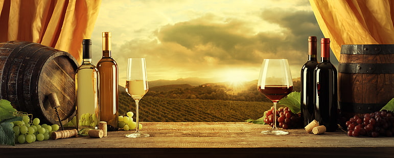 العنب الأبيض والأرجواني بجانب عرض النبيذ ، النبيذ ، الأحمر ، الأبيض ، الكؤوس ، العنب ، الأنبوب ، البراميل ، المفتاح، خلفية HD HD wallpaper