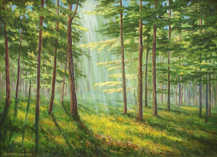 Букова гора живопис, кафяви и зелени дървета живопис, слънчеви лъчи, живопис, пролет, гора, бук, лято, 3d и абстрактни, HD тапет