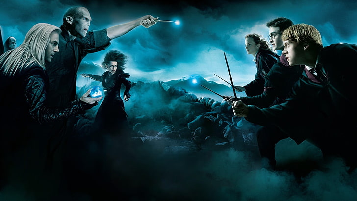Harry Potter duvar kağıdı, Harry Potter, Lord Voldemort, Lucius Malfoy, Hermiona Granger, Ron Weasley, HD masaüstü duvar kağıdı