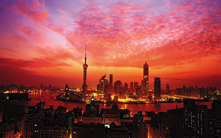 Solnedgång i Shanghai, solnedgång, Shanghai, HD tapet