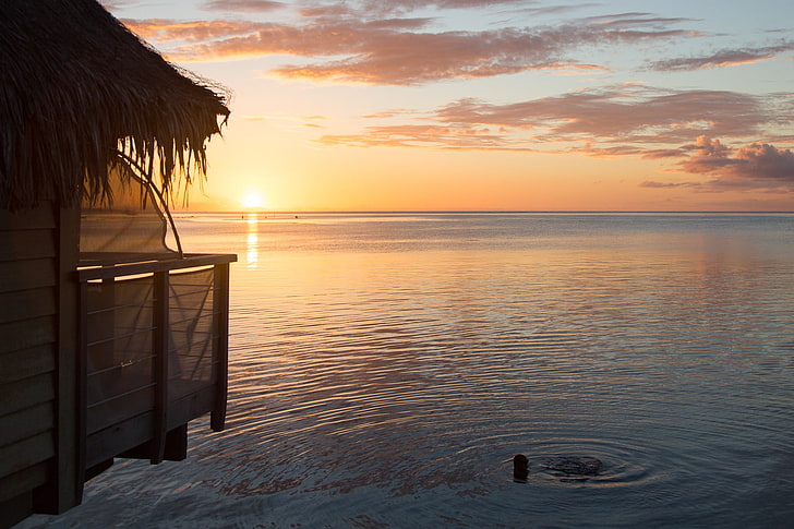 Bora Bora, pacific, sunset, sea, sunlight, HD wallpaper