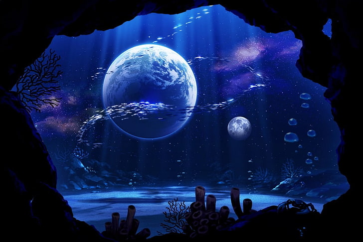 blue planet illustration, digital art, underwater, HD wallpaper