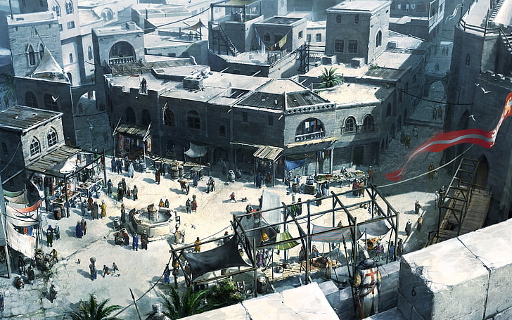hög vinkel syn på byggnad, Assassin's Creed, videospel, HD tapet