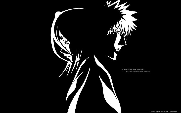 черно-бяла илюстрация на аниме, Bleach, Kurosaki Ichigo, Kuchiki Rukia, силует, HD тапет