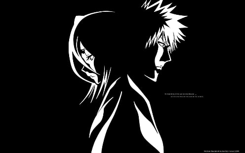 черно-бяла илюстрация на аниме, Bleach, Kurosaki Ichigo, Kuchiki Rukia, силует, HD тапет HD wallpaper