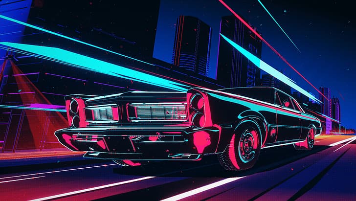 Pontiac, Pontiac GTO, car, neon, cyberpunk, building, night, perspective, street, digital art, artwork, colorful, HD wallpaper