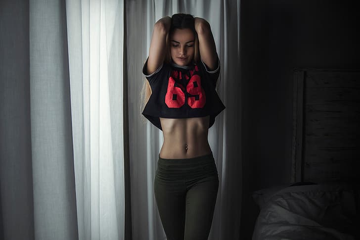 girl, sexy, pose, bed, tummy, makeup, figure, slim, piercing, window, t-shirt, hairstyle, curtains, pants, HD wallpaper