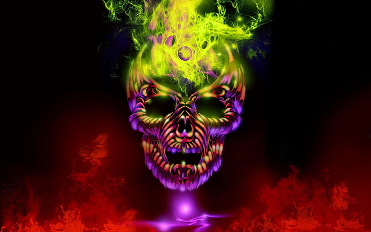 fond d'écran multicolores avec crâne enflammé, Dark, Skull, Fond d'écran HD