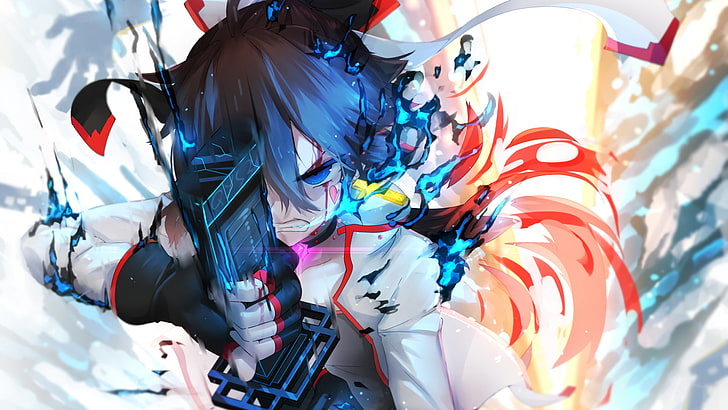 Anime Charakter mit blauem Schwert Illustration, Katana, Dreieck, Originalfiguren, blaues Haar, blaue Augen, Schwert, Pixiv Fantasia, HD-Hintergrundbild