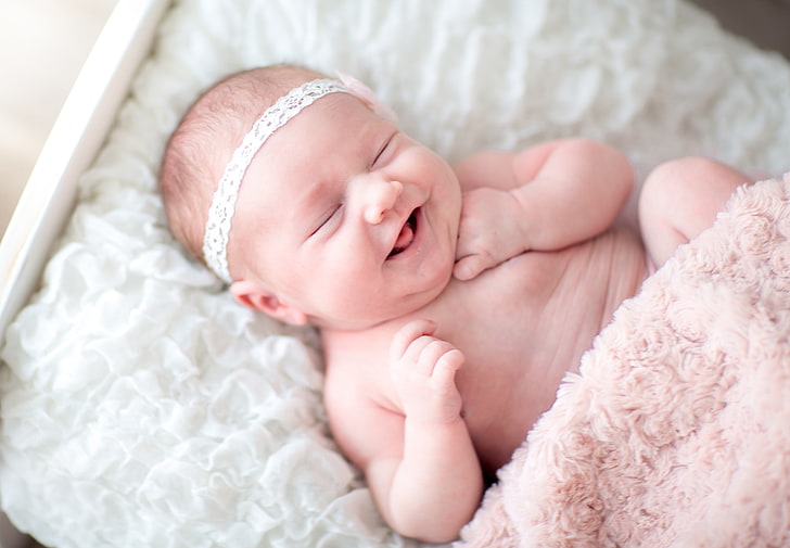 pink fur blanket, child, face, sweet, baby, kid, newborn, HD wallpaper