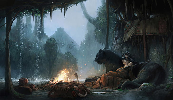 Fantasy, Women Warrior, Camp Fire, Jungle, Panther, Rain, Woman Warrior, HD wallpaper